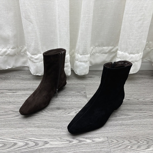 2025秋冬舒适方头短靴女侧拉链低跟加绒保暖瘦瘦靴时尚女靴
