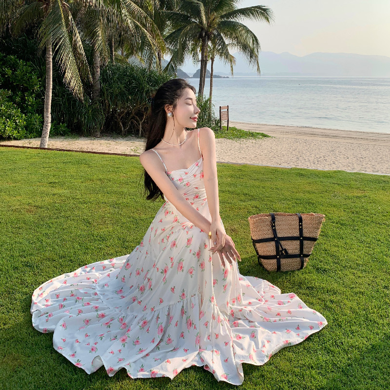 轻礼服法式连衣裙长裙及脚踝小玫瑰碎花吊带褶皱高腰大裙摆收腰