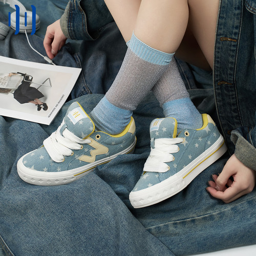顽刻ollieskate牛仔蓝星星贝果W休闲低帮学生软底男女面包板鞋