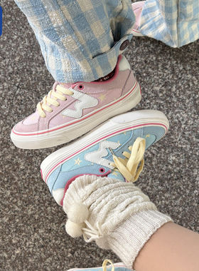 顽刻ollieskate粉/蓝黄星星配色冬季校园风W系列男女国潮滑板鞋