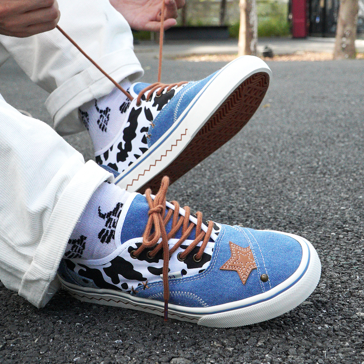 顽刻ollieskate牛仔奶牛黑白条纹帆布拼接夏季男女休闲滑板鞋