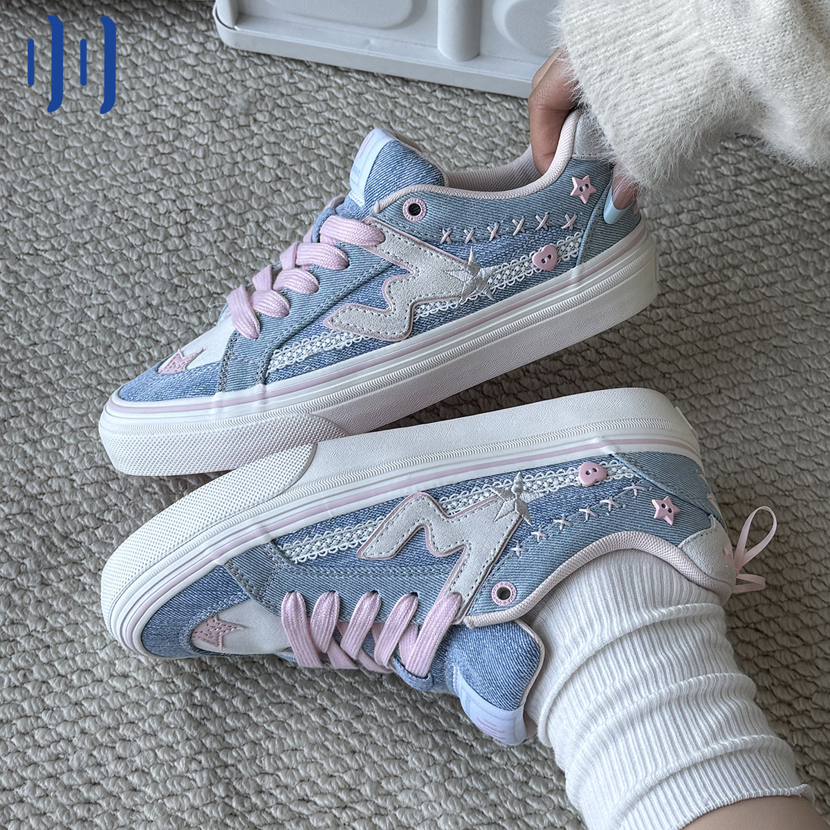 顽刻ollieskate牛仔蓝配色情人节W系列休闲低帮男女国潮滑板鞋