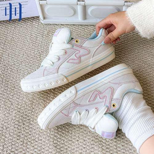 顽刻ollieskate白粉拼色贝果鞋学生BAKE低帮男女W软底面包鞋板鞋