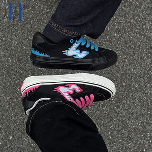 顽刻ollieskate黑粉 蓝火焰配色学生校园风W系列男女国潮滑板鞋