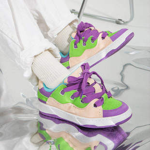 顽刻ollieskate冷粘面包鞋翻毛皮绿紫撞色拼接秋冬BAKE男女滑板鞋
