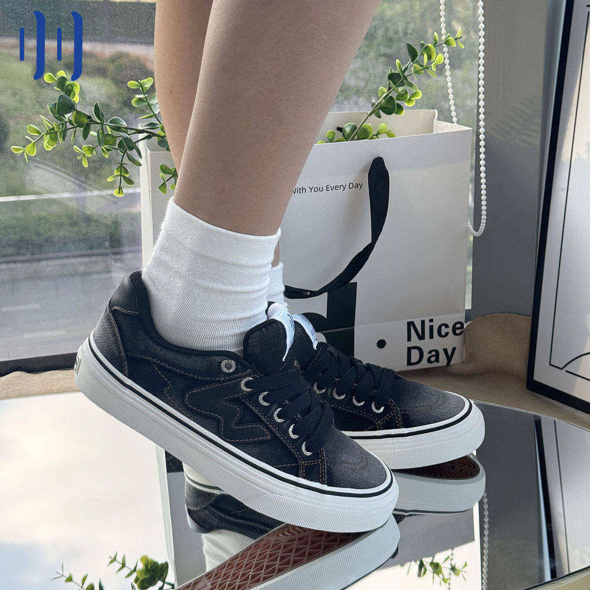 顽刻ollieskate水洗黑色秋季校园风W系列休闲低帮男女国潮滑板鞋