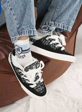 顽刻ollieskate面包鞋黑白小香风翻毛皮帆布拼接BAKE男女滑板鞋