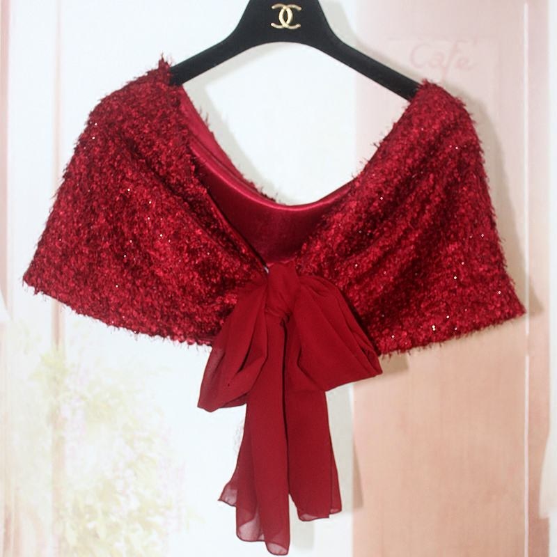 秋季酒红新娘婚纱礼服绑带晚宴年会晚装旗袍外搭婚礼姐妹伴娘披肩