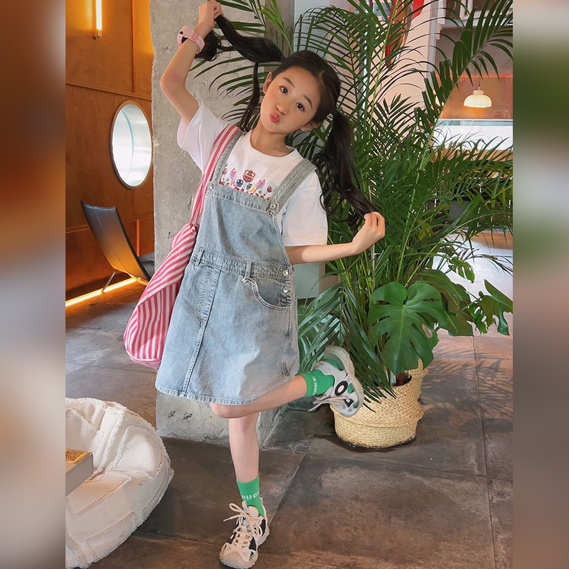 2024 MIKA夏季新品中大女童A字裙摆立体剪裁薄款牛仔背带裙连衣裙