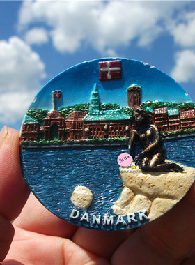 丹麦当地冰箱贴  DANMARK 经典地标 小美人鱼铜像 国旗
