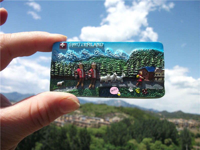 SWITZERLAND LOCAL PURCHASE OF REFRIGERATOR MAGNETS SWITZERLAND SNOW MOUNTAIN SCENERY ALPINE TROMBONE TWO MODELS