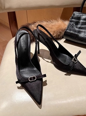 法式凉鞋女2025夏季新款缎面高跟鞋女细跟蝴蝶结气质尖头单鞋包头