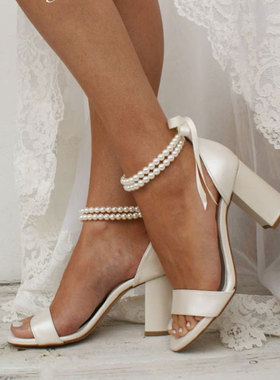 大码高跟凉鞋女露趾性感白色丝带蝴蝶结串珠珍珠女鞋经典时尚婚鞋