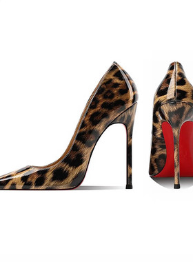 欧美时尚性感尖头浅口侧空细高跟漆皮凉女鞋御姐红底豹纹高跟鞋女