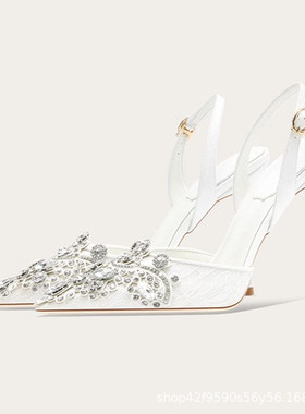 仙女风凉鞋女2025新款包头水钻尖头高跟鞋细跟婚鞋性感百搭伴娘鞋