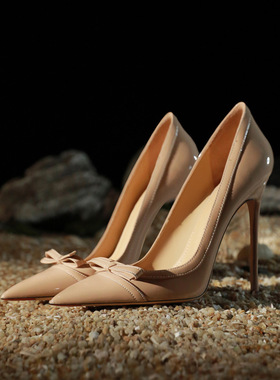 32-45码黑色高跟鞋女细跟蝴蝶结2025年新款法式宴会职业小码单鞋