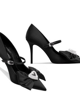 大码气质女人尖头高跟鞋2025新款仙女风细跟蝴蝶结浅口单鞋女气质