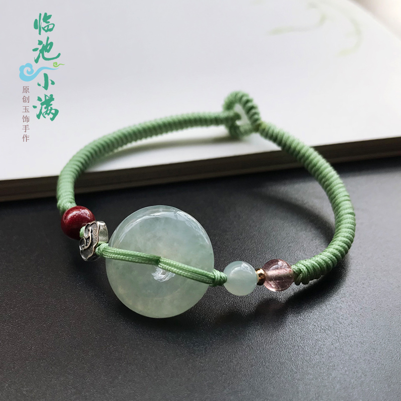 原创天然翡翠冰种平安扣手链缅甸玉石a玉手牌编织手绳节日送女友