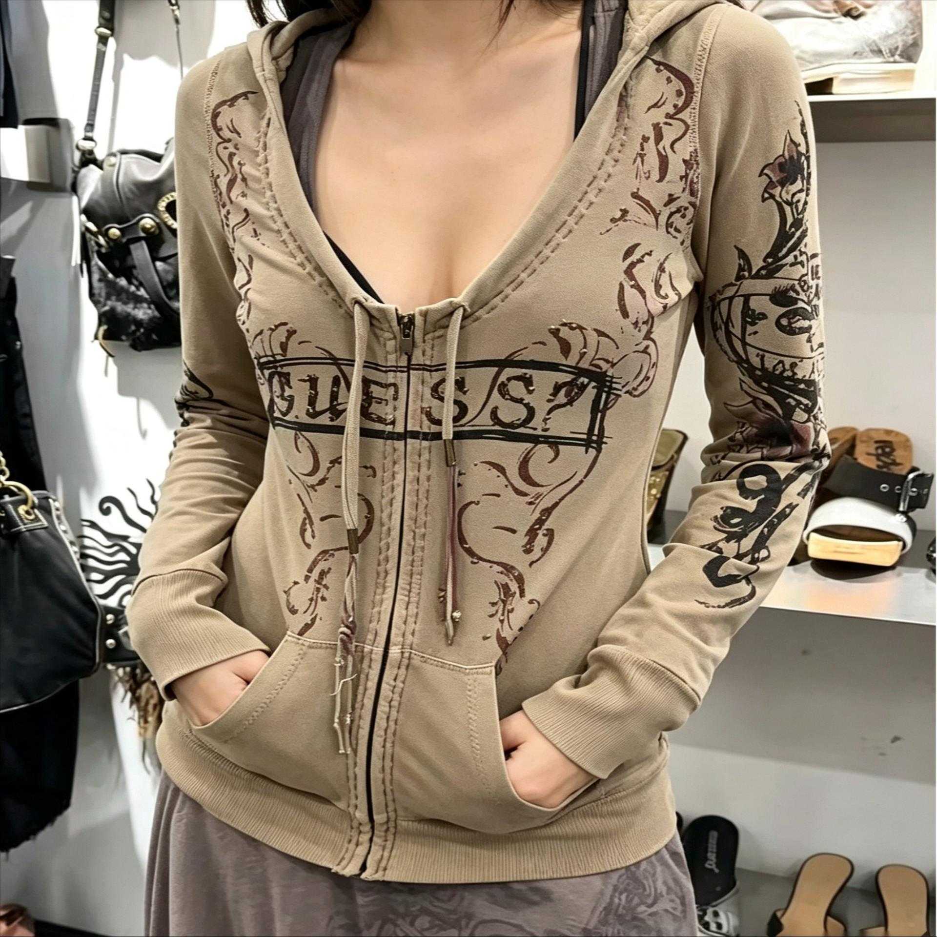 日牌小众亚文化古早vintage辣妹y2k棕色深v辣妹长袖印花长袖外套