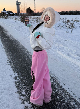 美式慵懒松弛感裤子女冬季火焰刺绣粉色抽绳阔腿休闲长裤宽松卫裤