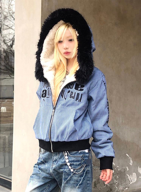 亚文化连帽羊羔绒外套女冬季喷脏做旧宽松棉衣加厚短款视觉系棉服