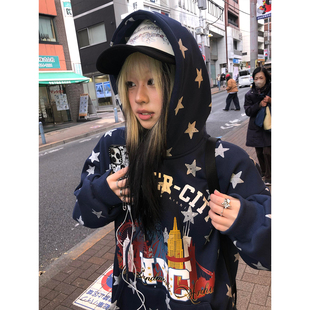 美式复古加绒卫衣女冬季满印星星连帽衫外套宽松情侣oversize上衣