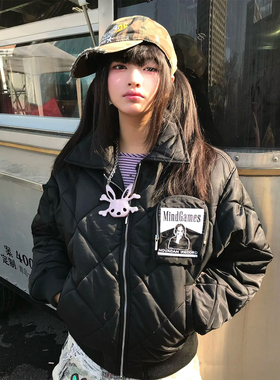 美式复古黑色菱形格棉服女冬季宽松bombe飞行员夹克加厚保暖外套