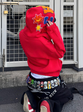 美式复古连帽卫衣女秋冬毛巾绣跨年穿搭红色外套vintage宽松上衣