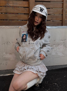 美式高街加绒连帽卫衣女秋冬季人像印花宽松开衫外套情侣重磅上衣