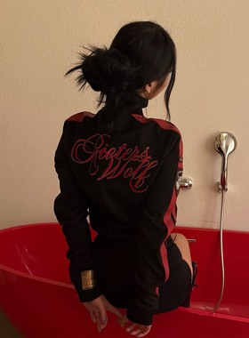 街头风立领卫衣女秋冬季条纹拼接显瘦夹克修身外套视觉系上衣y2k