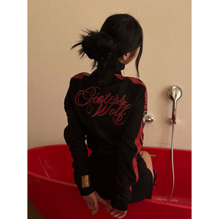 街头风立领卫衣女秋冬季 外套视觉系上衣y2k 条纹拼接显瘦夹克修身