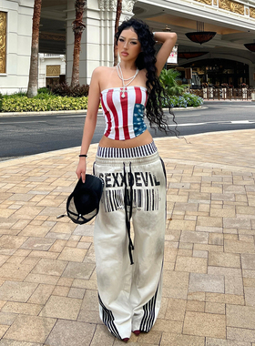 美式高街双腰头阔腿裤女秋冬喷脏做旧白色宽松直筒亚文化运动卫裤