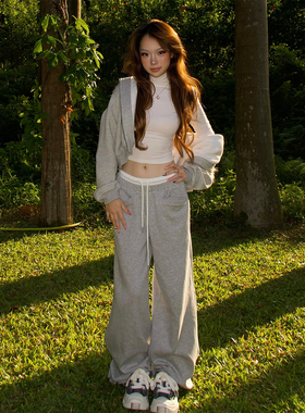 灰色休闲运动裤女冬季加绒双腰头设计直筒阔腿长裤显瘦宽松拖地裤