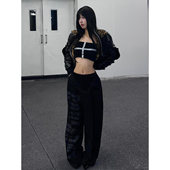 女春季 火焰飘带宽松直筒休闲长裤 拖地卫裤 黑色阔腿裤 爵士跳舞裤 子