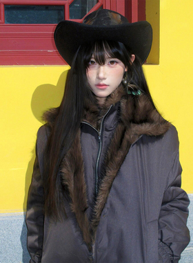 座山雕假两件毛领棉服女冬季新款设计感夹克外套vintage保暖上衣