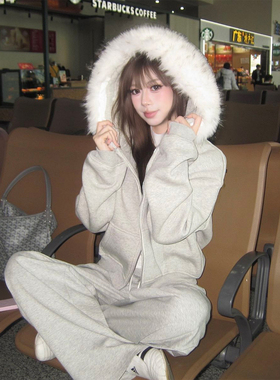 美式复古灰色卫衣外套女秋冬毛领连帽开衫休闲宽松慵懒风重磅上衣