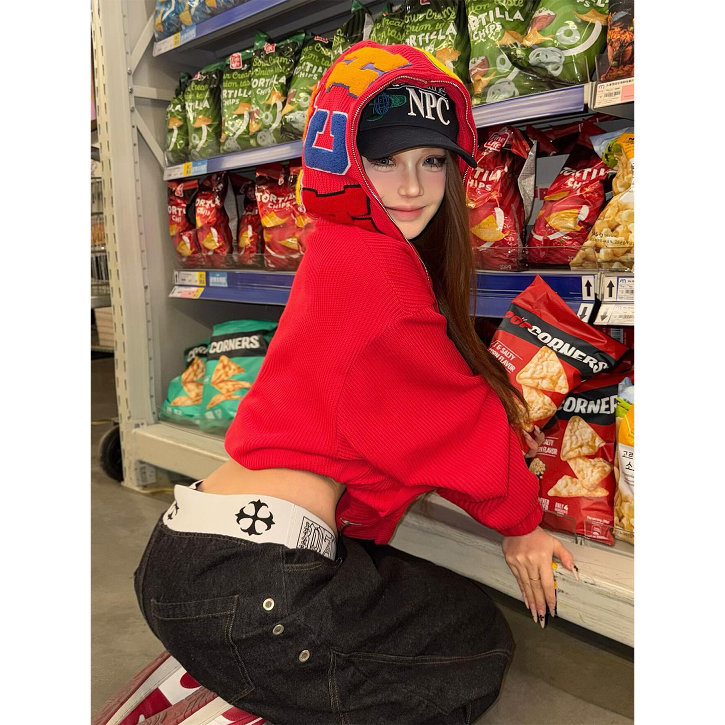 新年红色连帽卫衣开衫女秋冬字母刺绣宽松外套情侣拉链上衣设计感