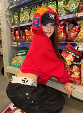 新年红色连帽卫衣开衫女秋冬字母刺绣宽松外套情侣拉链上衣设计感