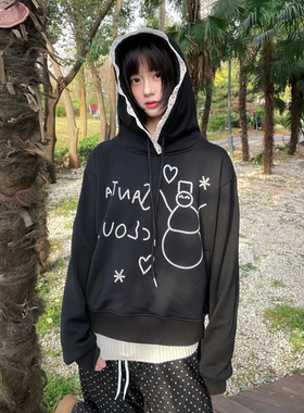 黑色重磅连帽卫衣女秋冬季蕾丝拼接雪人宽松外套情侣oversize上衣