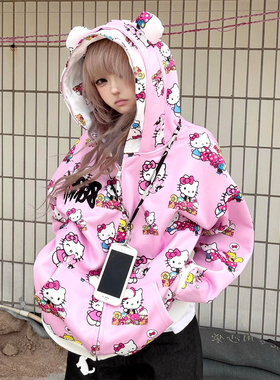 y2k亚文化恶搞Kitty猫连帽卫衣女秋冬加绒宽松开衫外套设计感上衣
