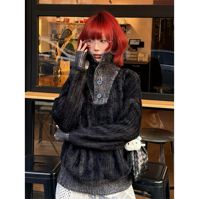 【免费试穿】黑色水貂毛高领毛衣