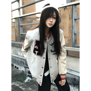 美式重磅棒球服女冬季新款刺绣夹棉宽松夹克外套vintage情侣上衣