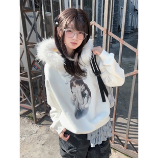 亚文化毛领连帽卫衣女初冬季加绒宽松白色外套宽松慵懒风上衣y2k