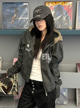 y2k街头风亚文化连帽皮衣女秋冬铆钉毛领夹克外套短款视觉系上衣