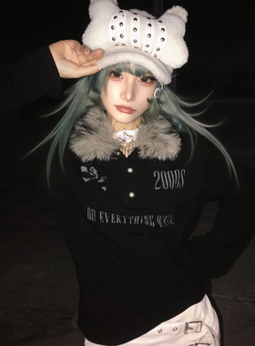 y2k亚文化长袖女秋冬季毛领拼接设计感修身黑色POLO衫视觉系上衣