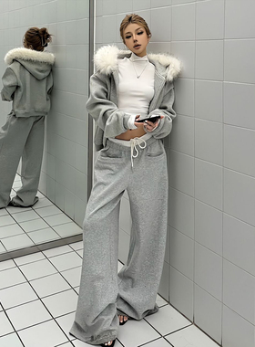 美式复古休闲裤女秋冬新款双腰头灰色宽松阔腿长裤直筒运动拖地裤