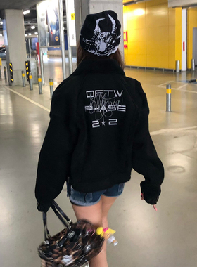 美式黑色羊羔绒外套女秋冬加厚麂皮拼接设计感修身夹克视觉系上衣