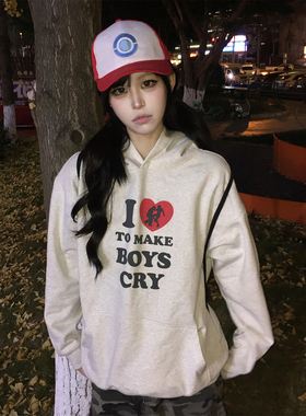 oversize加绒卫衣女冬季新款标语印花宽松重磅外套情侣慵懒风上衣