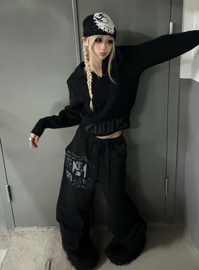 美式高街阔腿裤女秋冬人物印花显瘦宽松直筒爵士跳舞jazz穿搭卫裤