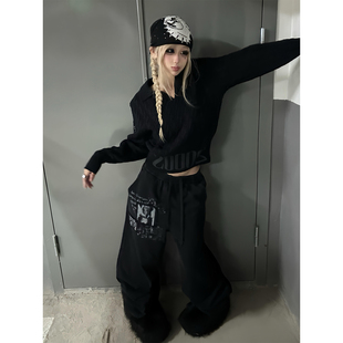 女秋冬人物印花显瘦宽松直筒爵士跳舞jazz穿搭卫裤 美式 高街阔腿裤